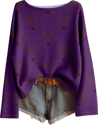 Generic Christmas Jumper 2025 Xmas Tree Printed Ladies Tops Long Sleeves Crew Neck Knitted Jumpers Soft Comfortable Xmas Pullover Sweatshirt Warm Oversized Ch