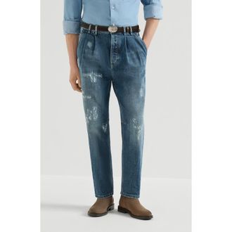 Brunello Cucinelli Comfort cotton denim iconic fit five-pocket trousers with double pleats and rips in Medium Denim at Nordstrom, Size 54