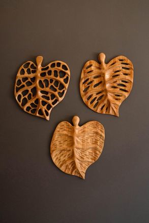 Kalalou Set Of Three Carved Teakwood Leaves Wall Art