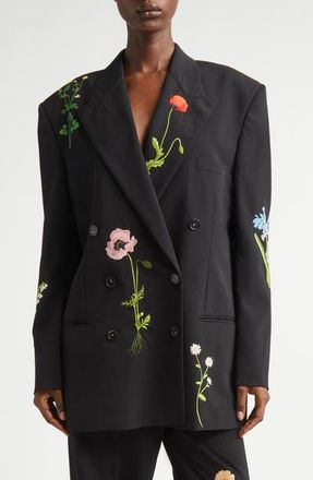 Stella McCartney Flower Embroidery Wool Jacket in Black at Nordstrom, Size 14 Us