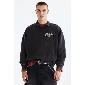 H&M Oversized Fit Rugby Sweatshirt in Washed Black/soho Nyc at Nordstrom, Size Xx-Large