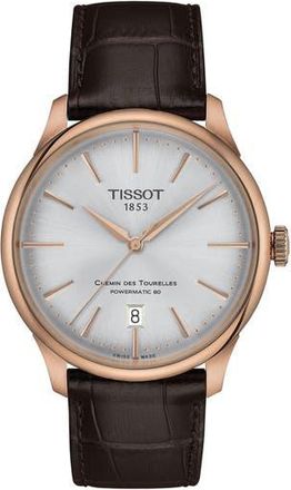 Tissot Chemin des Tourelles Powermatic 80 Leather Strap Watch, 39mm in Dark Brown at Nordstrom Rack