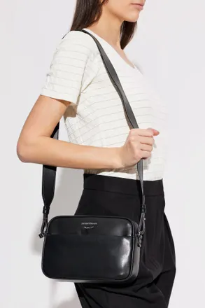 Emporio Armani Leather Shoulder Bag With Logo, Womens, Black