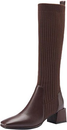 Generic Brown Womens Knitted Boots Mid Calf with Thick Sole Versatile Elastic Design Thick Heel Mid Heel for Daily Wear