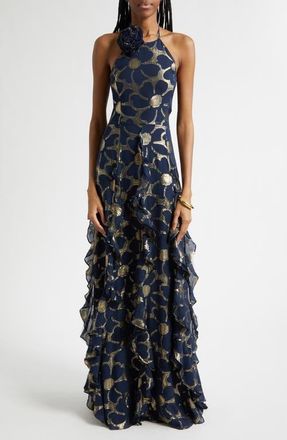 Ramy Brook Idella Daisy Metallic Ruffle Halter Gown in Navy Jacquard at Nordstrom, Size 10