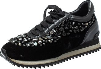 Le Silla Black Velvet And Leather Crystal Embellished Low Top Sneakers