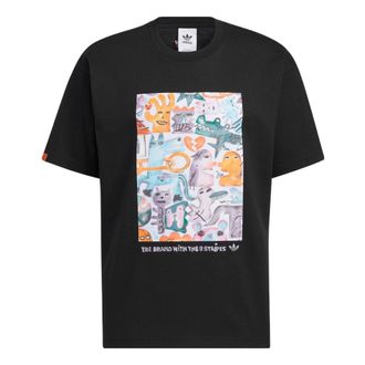 adidas Mens adidas originals SS22 Cartoon Printing Sports Round Neck Pullover Short Sleeve Black T-Shirt HR6453