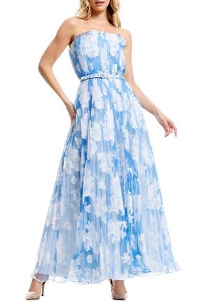Dress The Population Verity Pleated Belted Strapless Gown in Sky Multi at Nordstrom, Size Xx-Small