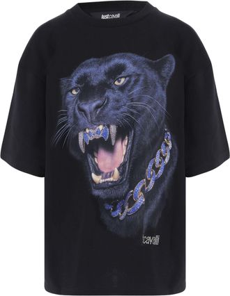 Just Cavalli Cotton T-Shirt with Bold Panther Graphic and Rhinestone Detail
