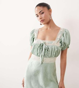 Hope & Ivy Petite Vestito midi in raso jacquard verde con scollo squadrato e maniche a sbuffo in pizzo