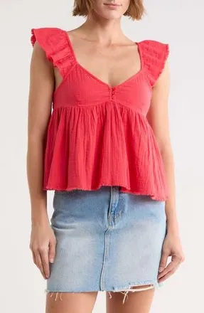 Abound Cotton Gauze Flutter Sleeve Babydoll Top in Red Saucy at Nordstrom Rack, Size X-Small