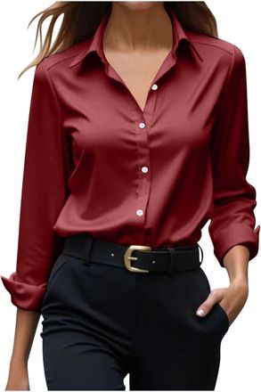 Generic Womens Satin Silk Button Down Shirt Casual Long Sleeve Classic-Fit Dress Shirts Solid Work Office Blouse Blouse Shirt Tops (UK, Alpha, XL, Regular, Re