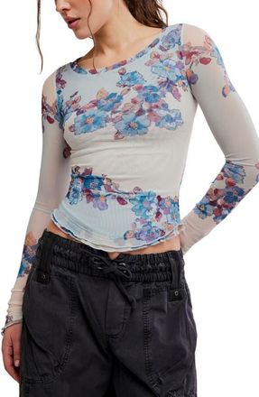 Free People Lilly Print Long Sleeve Mesh Top in Frost Combo at Nordstrom, Size X-Small