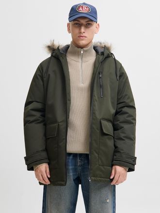 Jack & Jones Parka JACK & JONES JJCHARLIE DETACHABLE FAUX FUR PARKA, Herren, Gr. XXL, gr&uuml;n (rosin), Web, Obermaterial: 100% Polyester, unifarben, regular fit, Jack