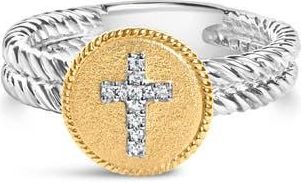 House of Brilliance Silver Diamond Cross Ring with Satin Finish in Yellow at Nordstrom, Size 8