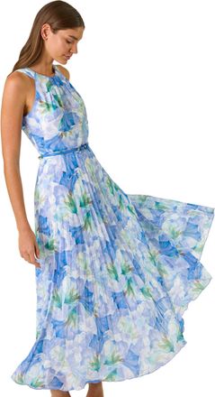 Roman Womens Floral Print Pleated Maxi Dress - Sky Blue - Size 10 UK