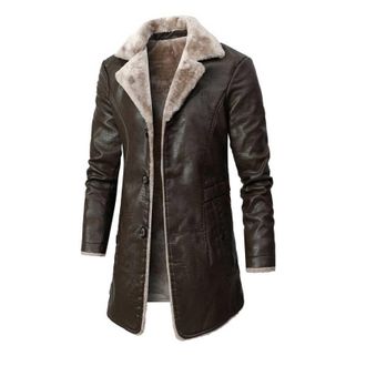 Generic Padded Leather Jackets Mens, Leather Trench Coat Mens Mens Faux Pu Leather Fur Collar Motorbike Jacket Fleece Sherpa Lined Long Trench Coats Long Busi