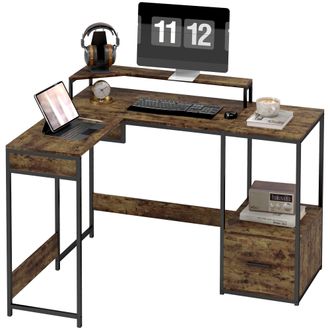 HOMCOM L Shaped Desk - Computer Table With Liftable Desktop - Rustic Brown | TJ Hughes