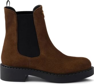Prada logo-plaque chelsea boots - women - Fabric/Calf Suede/Rubber/Calf Leather - 36.5 - Brown
