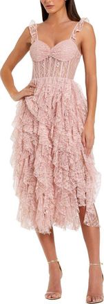Mac Duggal Lace Bustier Midi Dress With Spiral Ruffles in Blush at Nordstrom, Size 12