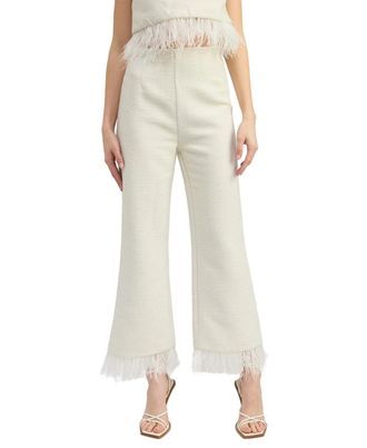 En Saison Arden Pants Womens Ivory Feather-Trim High Rise Flare Leg PALL53