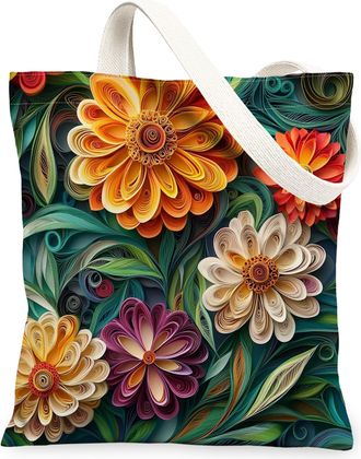 Generic Spring Quilting Paper Zinnia Flower Canvas Tote Bag for Shopping 13x15, Floral Wildflower Reusable Grocery Print Pattern Bag for Women Men, Garden Aes