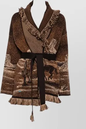 Alanui jacquard fringe-trim belted oversized coat