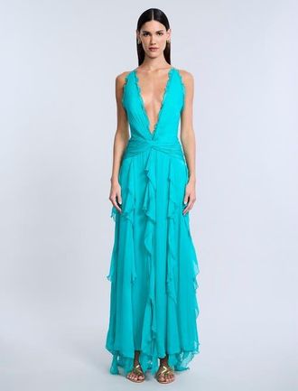 BCBGeneration Ruffle Halter Chiffon Gown in Spectra Green at Nordstrom, Size 10
