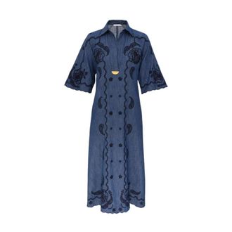 Zimmermann Aster Geborduurde Denim Midi - Dames - Shirt Kleedjes - Blauw - L - Denim - Kleedjes