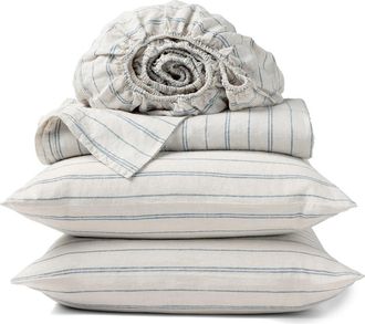 Coyuchi Relaxed Organic Linen Sheet Set in Fog Chambray Indigo Stripe at Nordstrom, Size California King