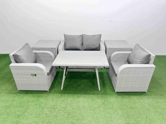 Fimous Light Grey PE Wicker Rattan Garden Furniture Set Reclining Chair Sofa
