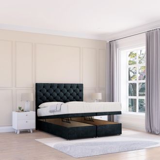 Sloomy Mayfair Naples Fabric Ottoman Bed End Opening With Sprung Memory Mattress & 26 Inch strut Headboard in Black | Size: Small Single