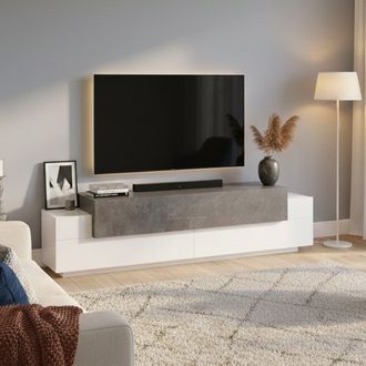 Dmora Dmora Mueble Para Tv Para Sal&oacute;n, Made In Italy, Mueble Para Tv Con 3 Puertas Y Estantes, Cm 200x45h52, Color Blanco Brillo Y Gris Ceniza, Con Embalaje