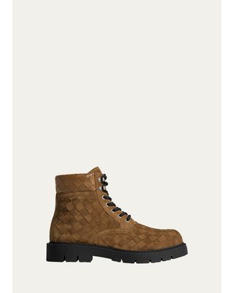 Bottega Veneta Mens Haddock Intrecciato Suede Lace-Up Boots