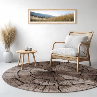 Paco Home Paco Home - Alfombra De Sal&oacute;n De Dise&ntilde;o Elegante Estampado De Tronco De Madera Natural Gris Marr&oacute;n Beige &Oslash; 120 Cm Redondo
