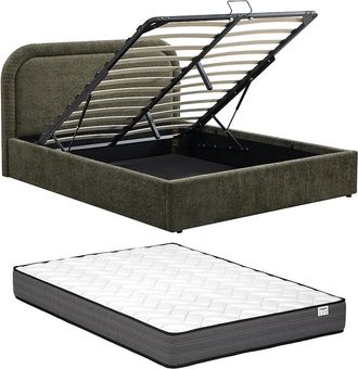 Vente-Unique Letto Con Contenitore 140 X 190 Cm Tessuto Bouclette Verde + Materasso - Fidozia