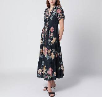 Farm Rio Dark Blue Midi Dress With Floral Pattern