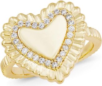 Savvy Cie Jewels GOLD PLATED BEADED PAVE HEART CZ RING