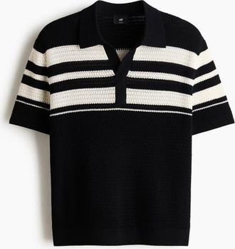 H&M Regular Fit Pointelle-knit Polo Shirt in Black/color Block at Nordstrom, Size Xx-Large