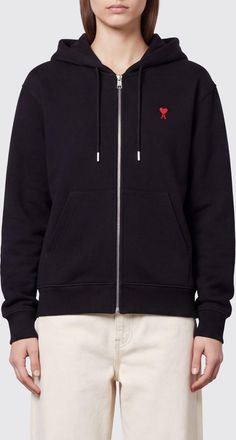 Ami Felpa con cappuccio e zip in cotone con logo ricamato