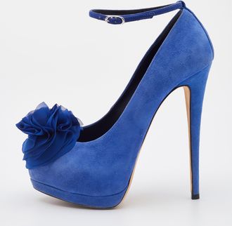 Giuseppe Zanotti Blue Suede Flower Applique Peep Toe Platform Ankle Strap Pumps