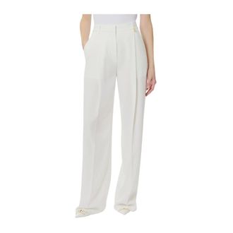 Elisabetta Franchi Wide Trousers, female, Beige, Size: XS Lightweight Crepe Trousers with Logo Charm