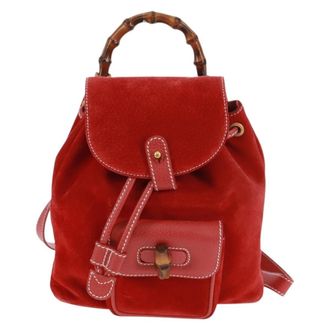 Gucci Vintage Bamboo Backpack Suede Red Suede Backpack Bag (Pre-Owned)