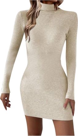 Generic Jumper Dress for Women UK Ladies Turtleneck Sweater Dress Winter Ribbed Cable Knit Long Sleeve Bodycon Dress Elegant Casual Dress Slim Midi Dress Work