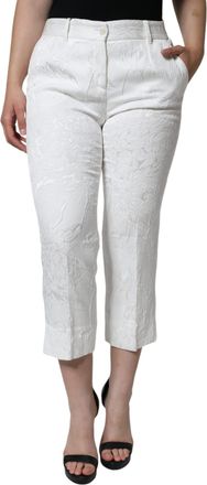Dolce & Gabbana White Floral Brocade Cotton Cropped Womens Pants