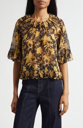 Ulla Johnson Helaine Botanical Print Metallic Flutter Sleeve Silk Blend Top in Forsythia at Nordstrom, Size 10