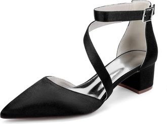 Generic Womes Wedding Bridal Pointed Toe Low Chunky Heels Satin Block Ankle Strap Pumps Party Dress Shoes 4.5 Cm,Black,10 UK