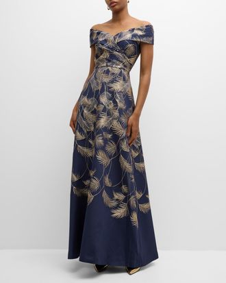 Teri Jon Off-Shoulder Metallic Jacquard Gown