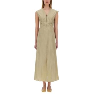 Alysi Maxi Dresses, female, Beige, Size: XS V-Neck Gathered Waist Maxi Dress