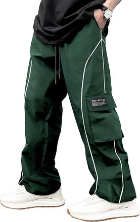 Feoya Mens Sweatpants Y2k Baggy Track Pants Drawstring Wide Leg Casual Trousers Hip Hop Streetwear Parachute Cargo Pants with Cargo Pockets Green XL